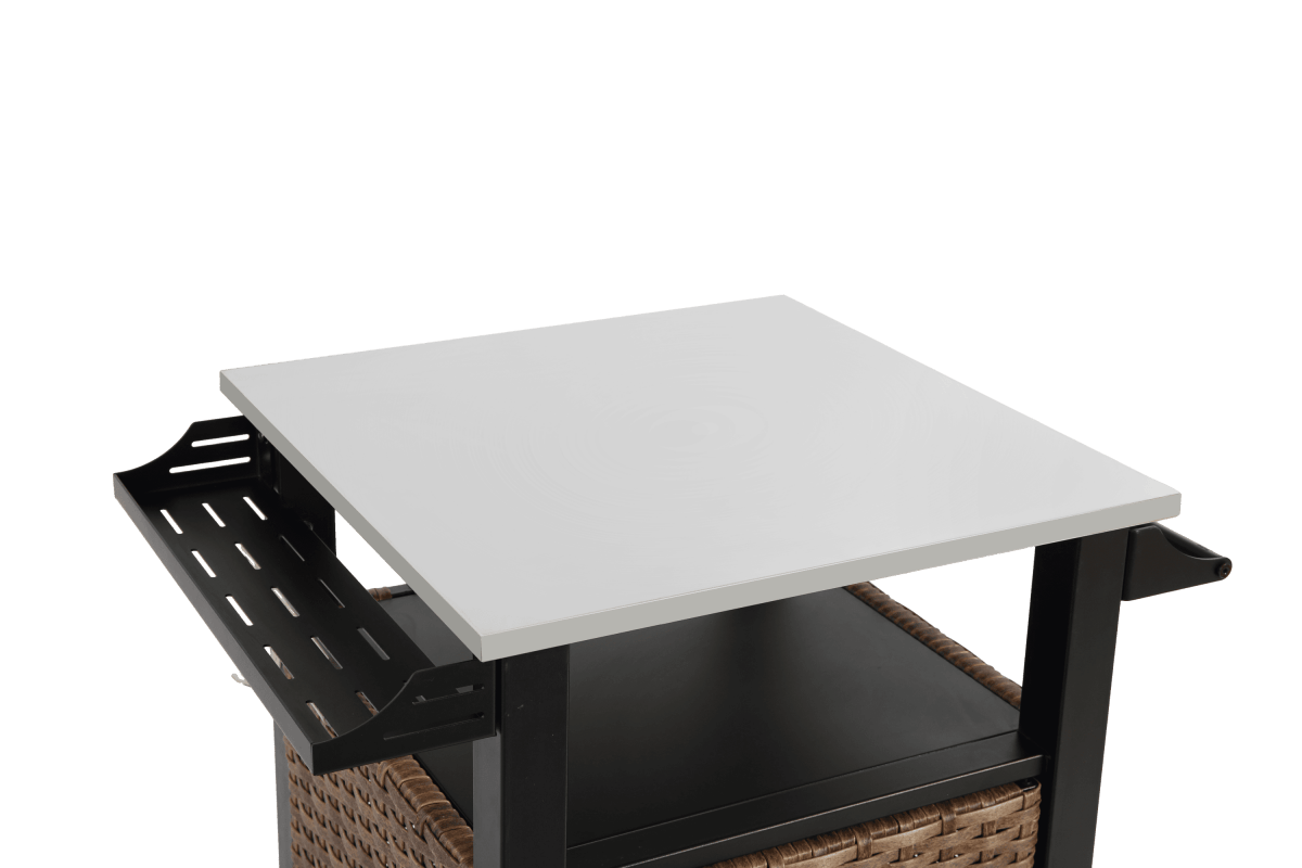 Outdoor Kitchen Wicker Rolling Cart With Stainless Steel Top - Driftwood - Omega Lifestyles