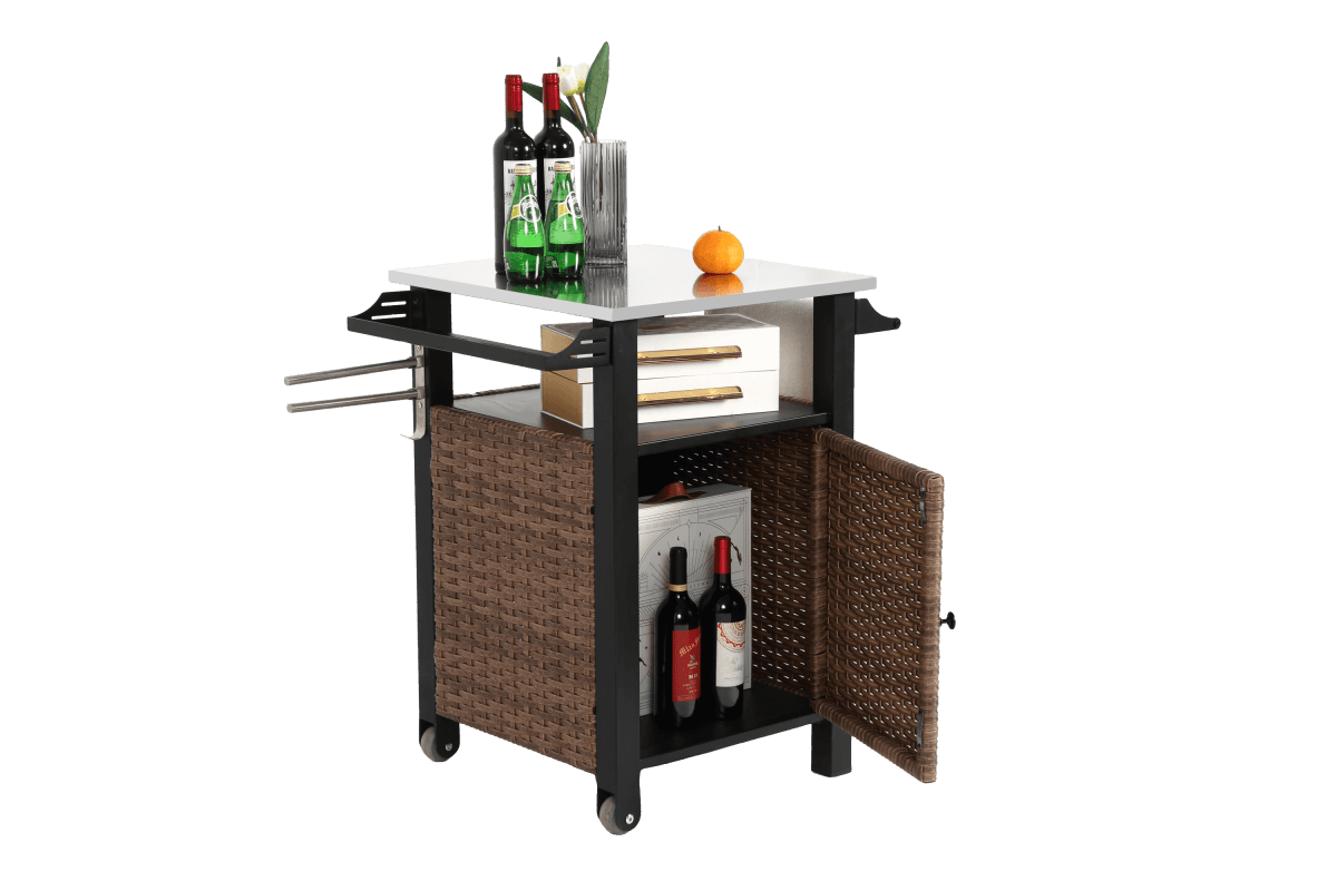 Outdoor Kitchen Wicker Rolling Cart With Stainless Steel Top - Driftwood - Omega Lifestyles