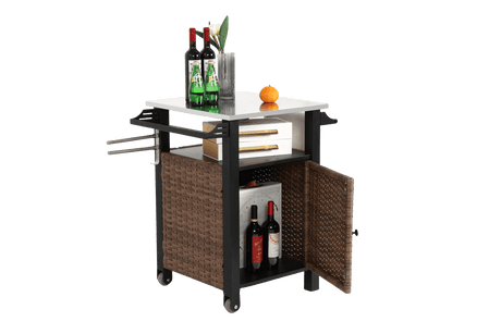 Outdoor Kitchen Wicker Rolling Cart With Stainless Steel Top - Driftwood - Omega Lifestyles