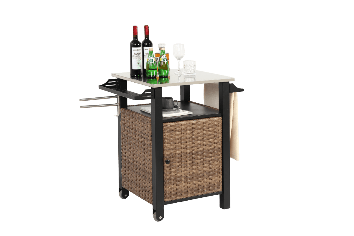Outdoor Kitchen Wicker Rolling Cart With Stainless Steel Top - Driftwood - Omega Lifestyles