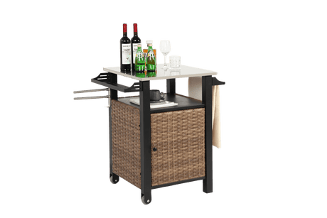 Outdoor Kitchen Wicker Rolling Cart With Stainless Steel Top - Driftwood - Omega Lifestyles