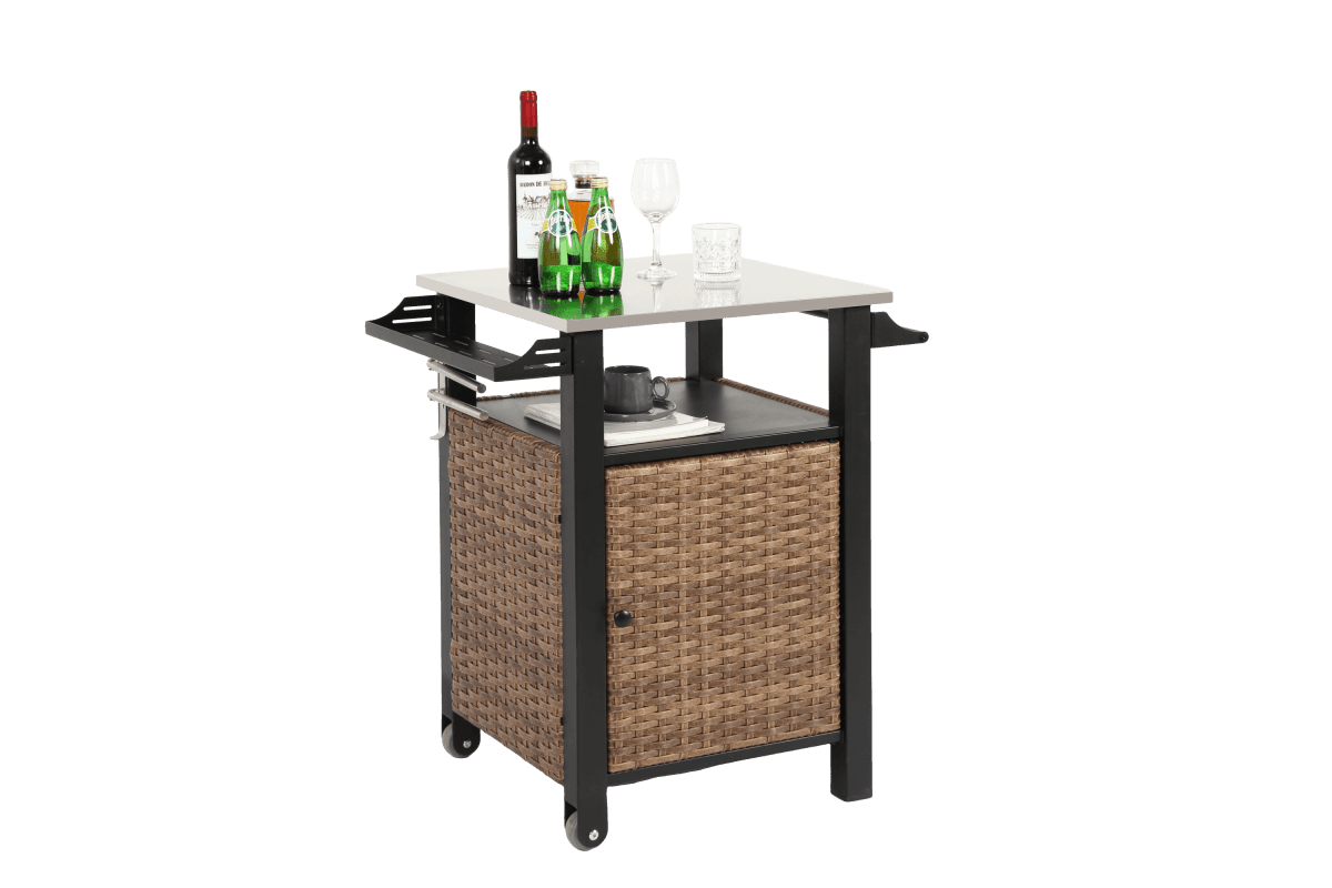 Outdoor Kitchen Wicker Rolling Cart With Stainless Steel Top - Driftwood - Omega Lifestyles