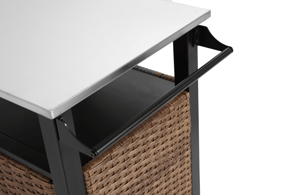 Outdoor Kitchen Wicker Rolling Cart With Stainless Steel Top - Driftwood - Omega Lifestyles