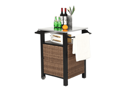 Outdoor Kitchen Wicker Rolling Cart With Stainless Steel Top - Driftwood - Omega Lifestyles