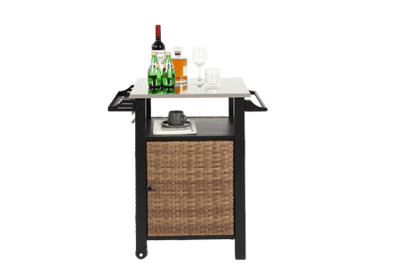Outdoor Kitchen Wicker Rolling Cart With Stainless Steel Top - Driftwood - Omega Lifestyles