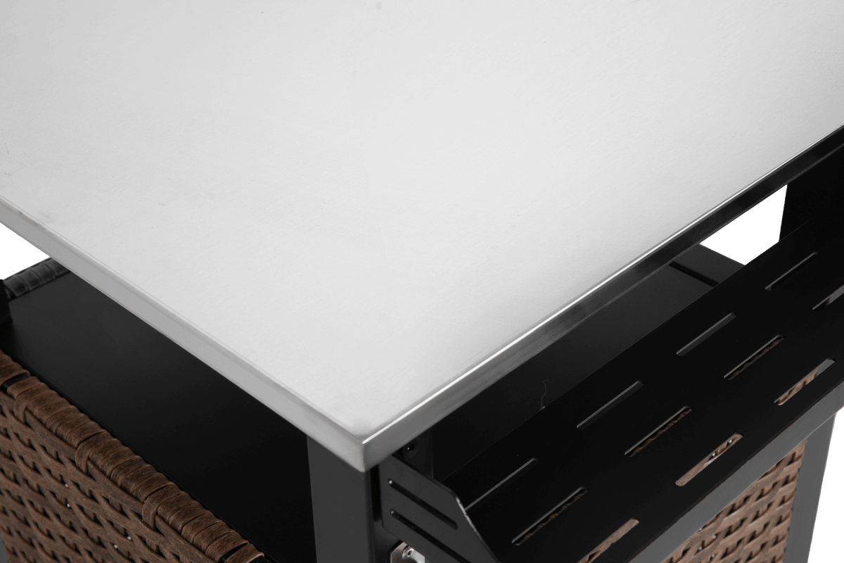 Outdoor Kitchen Wicker Rolling Cart With Stainless Steel Top - Driftwood - Omega Lifestyles