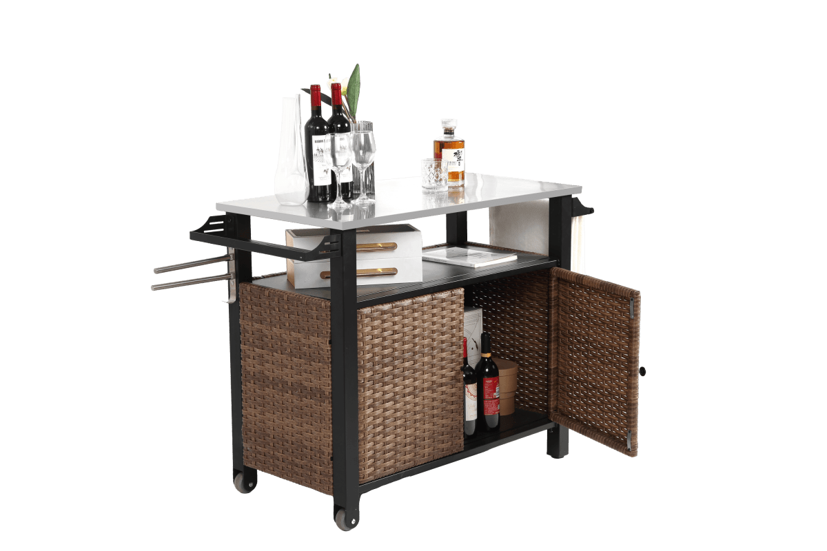 Outdoor Kitchen Wicker Rolling Cart With Storage Cabinet - Omega Lifestyles