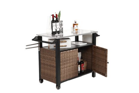 Outdoor Kitchen Wicker Rolling Cart With Storage Cabinet - Omega Lifestyles