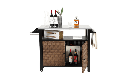 Outdoor Kitchen Wicker Rolling Cart With Storage Cabinet - Omega Lifestyles