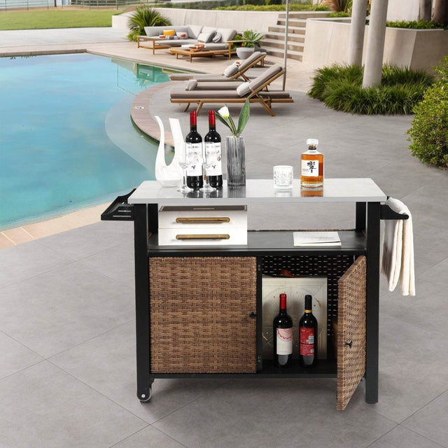 Outdoor Kitchen Wicker Rolling Cart With Storage Cabinet - Omega Lifestyles