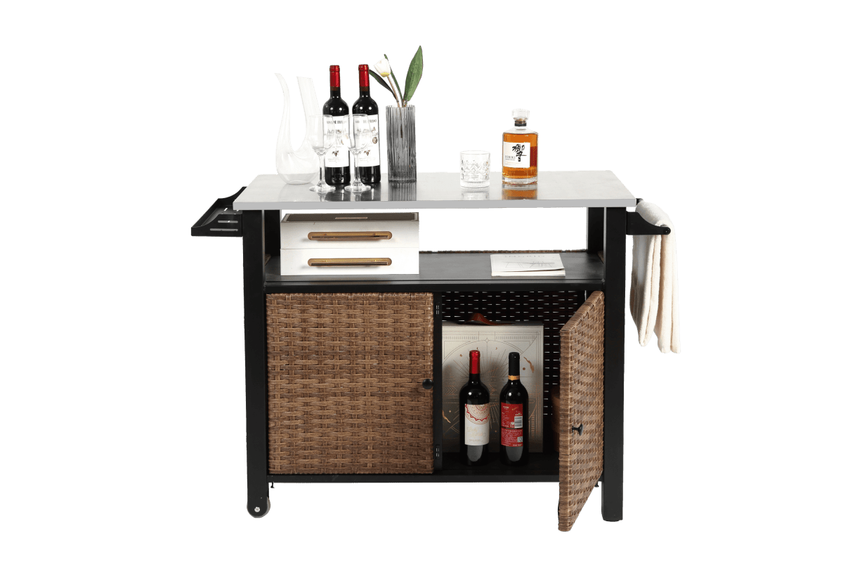 Outdoor Kitchen Wicker Rolling Cart With Storage Cabinet - Omega Lifestyles