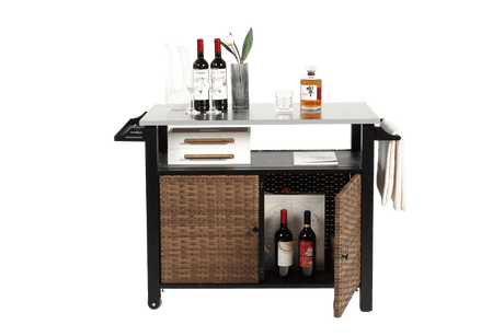 Outdoor Kitchen Wicker Rolling Cart With Storage Cabinet - Omega Lifestyles