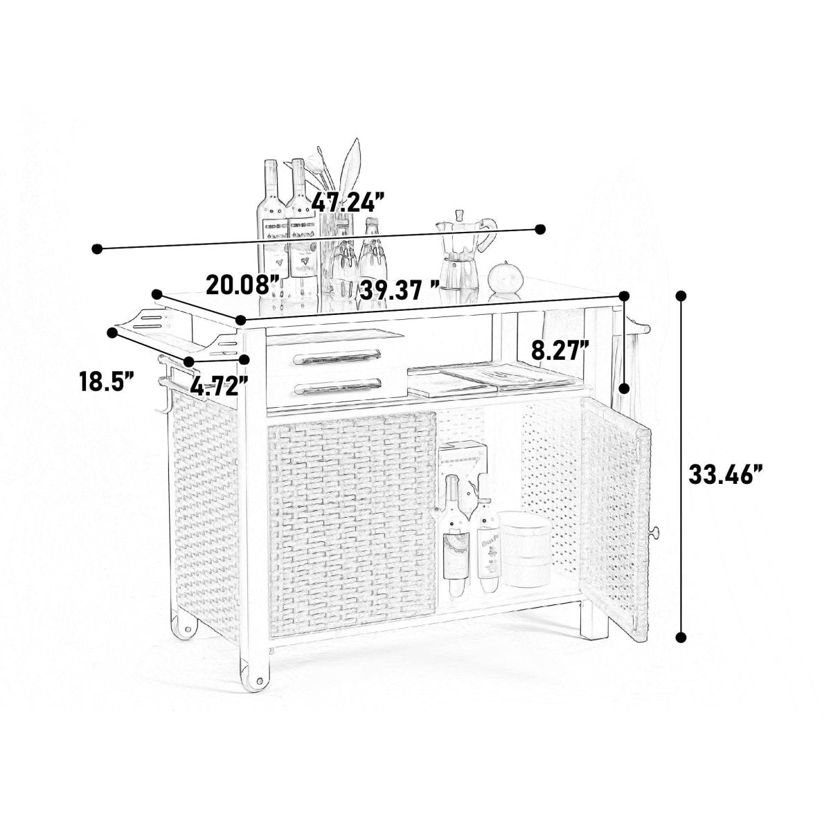 Outdoor Kitchen Wicker Rolling Cart With Storage Cabinet - Omega Lifestyles