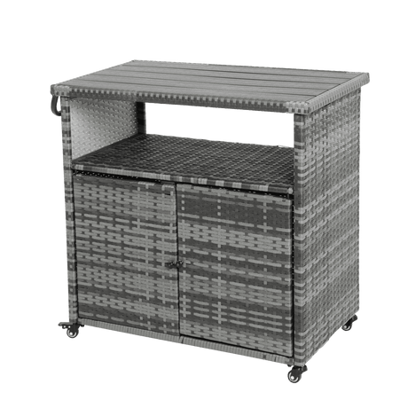 Outdoor Wicker Patio Bar Serving Cart With Wheels - Driftwood - Omega Lifestyles
