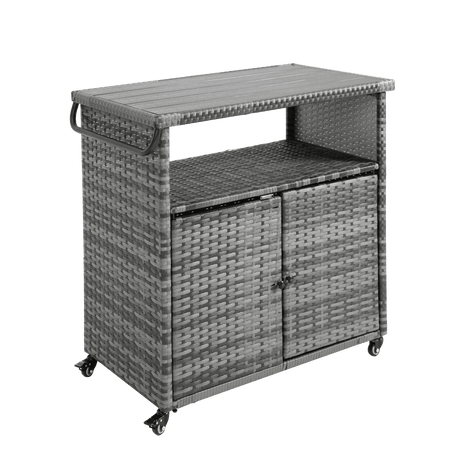 Outdoor Wicker Patio Bar Serving Cart With Wheels - Driftwood - Omega Lifestyles