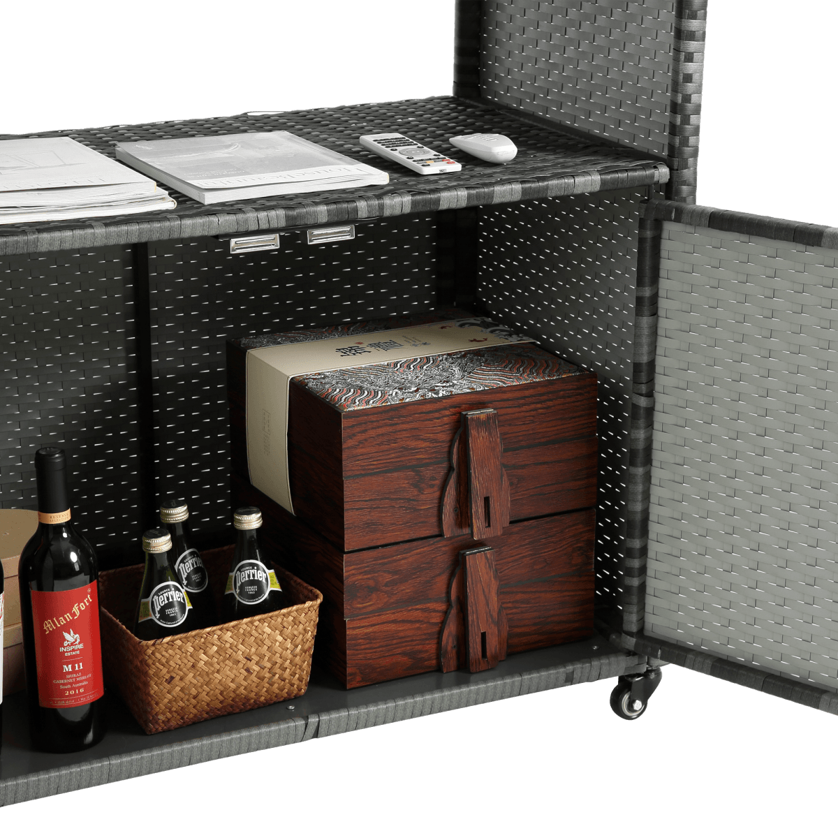 Outdoor Wicker Patio Bar Serving Cart With Wheels - Driftwood - Omega Lifestyles