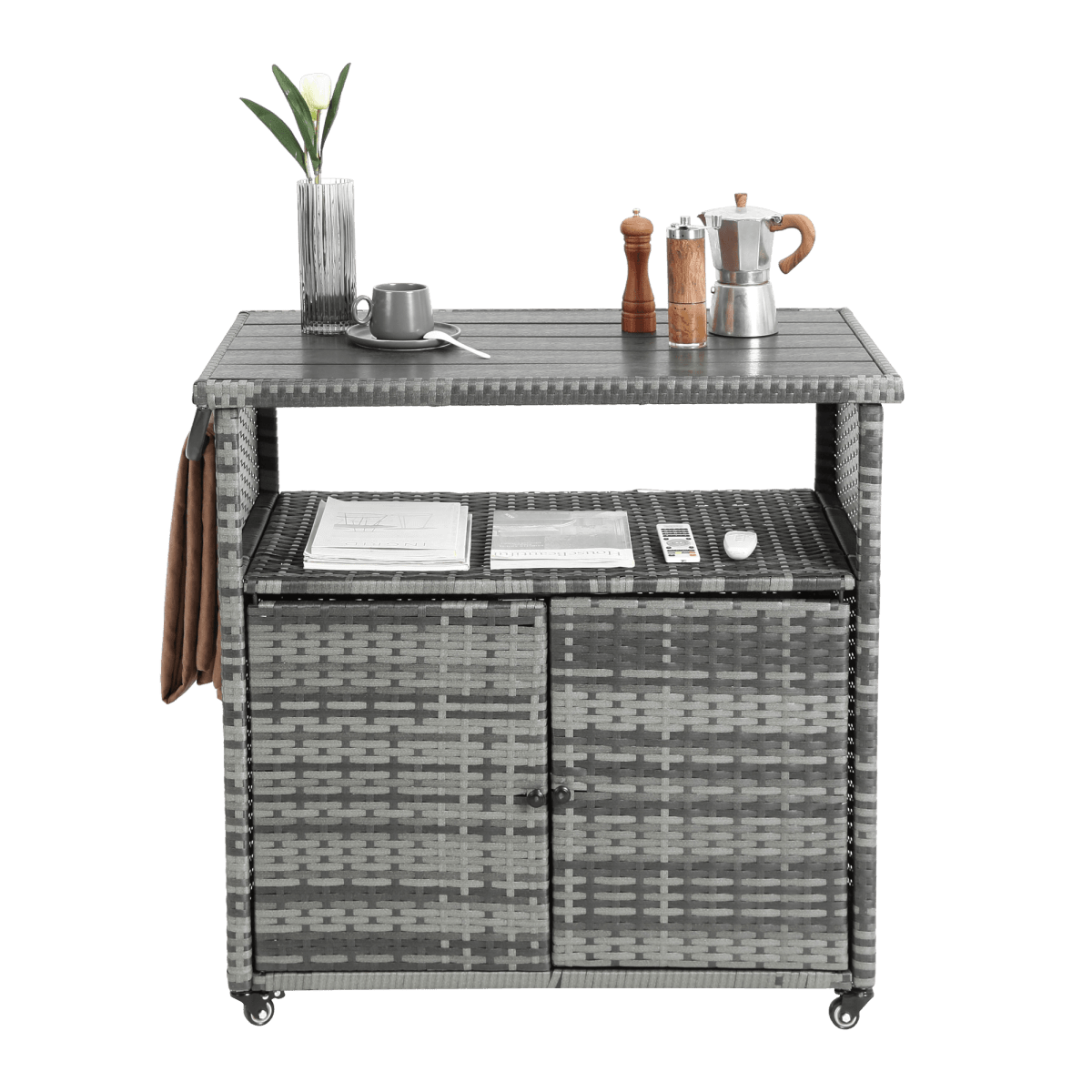 Outdoor Wicker Patio Bar Serving Cart With Wheels - Driftwood - Omega Lifestyles