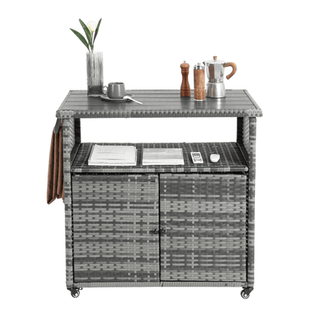 Outdoor Wicker Patio Bar Serving Cart With Wheels - Driftwood - Omega Lifestyles