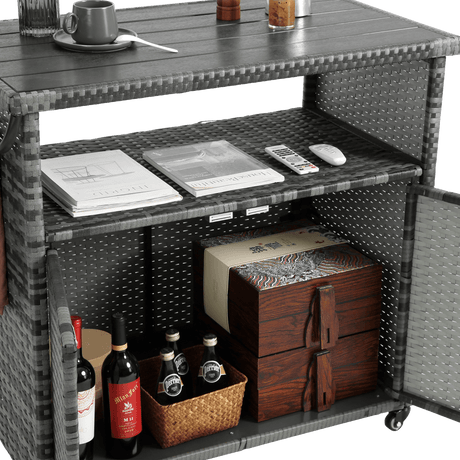 Outdoor Wicker Patio Bar Serving Cart With Wheels - Driftwood - Omega Lifestyles