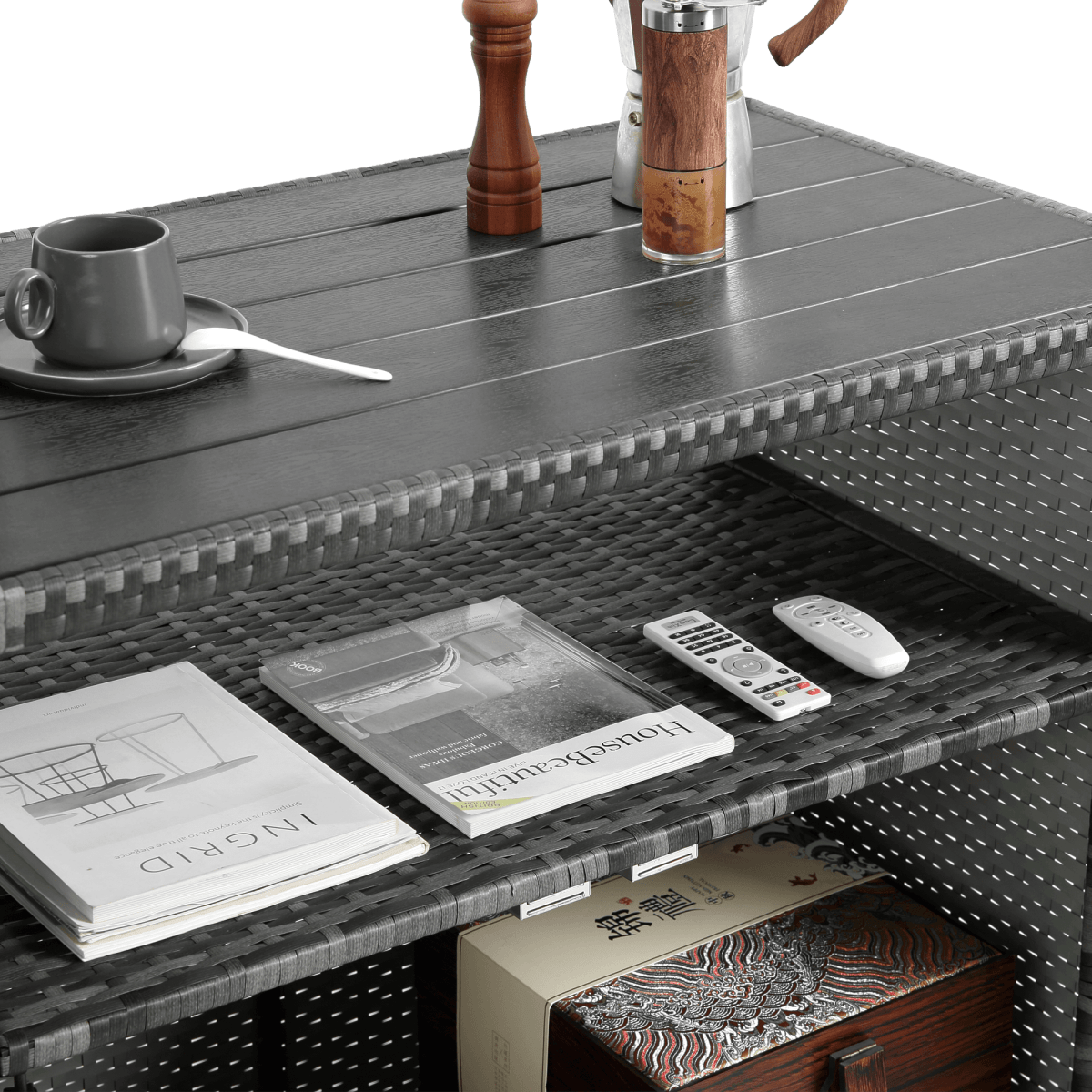 Outdoor Wicker Patio Bar Serving Cart With Wheels - Driftwood - Omega Lifestyles