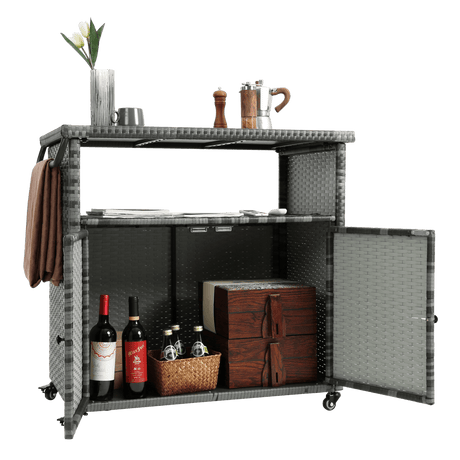 Outdoor Wicker Patio Bar Serving Cart With Wheels - Driftwood - Omega Lifestyles