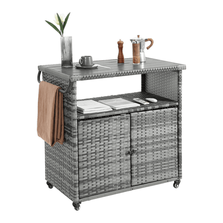 Outdoor Wicker Patio Bar Serving Cart With Wheels - Driftwood - Omega Lifestyles