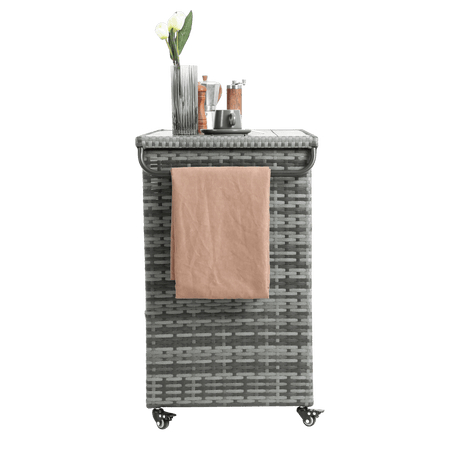 Outdoor Wicker Patio Bar Serving Cart With Wheels - Driftwood - Omega Lifestyles