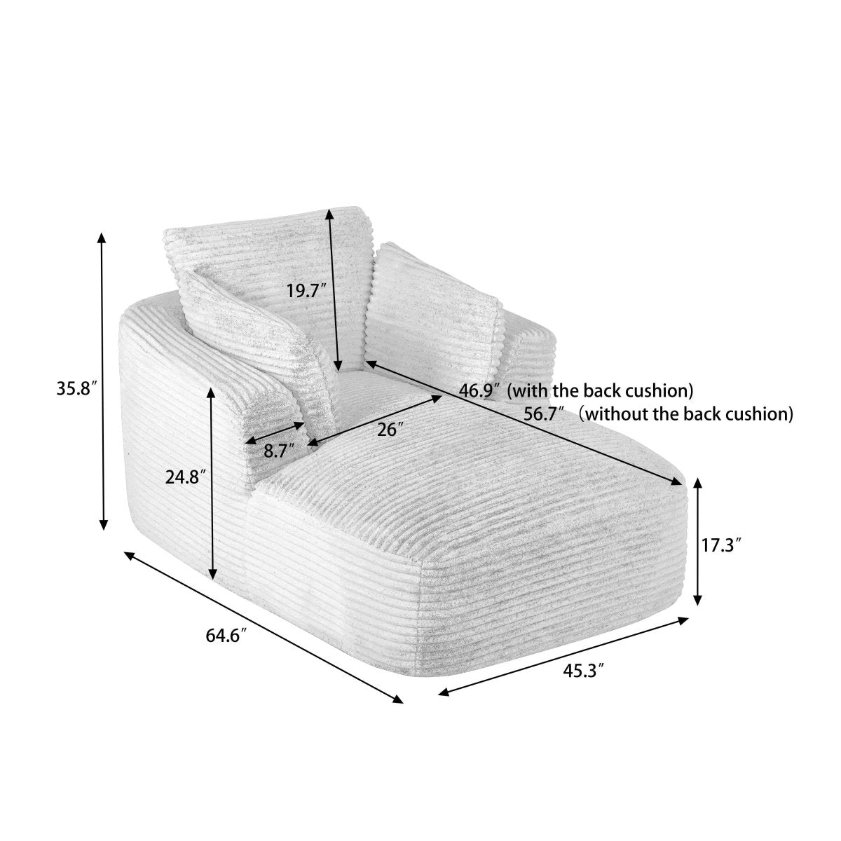 Oversized Corduroy Chaise Lounge Chair With Spring Cushion - Driftwood - Omega Lifestyles