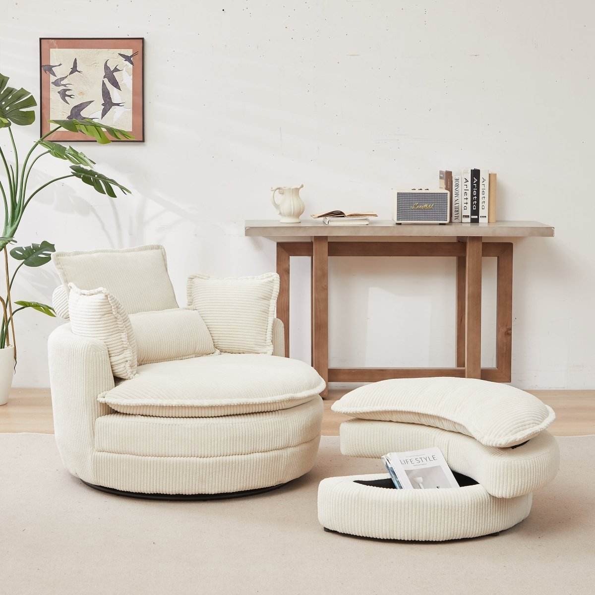 Oversized Modern Corduroy Swivel Chair With Ottoman - Sleep Galleria