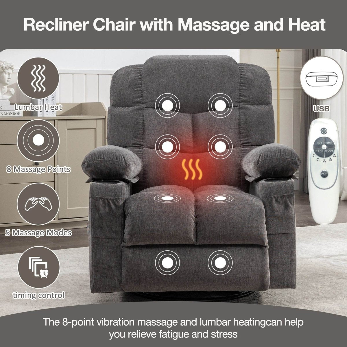 Oversized Soft Massage Rocker Recliner Chair With Heat - Driftwood - Omega Lifestyles