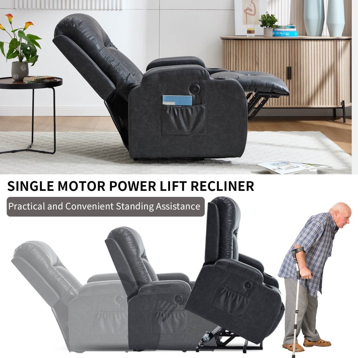 Power Lift Recliner Chair With Massage Lumbar Heat - Driftwood - Omega Lifestyles