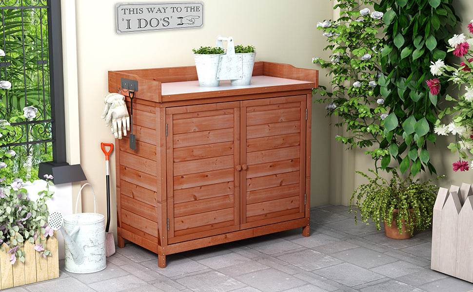 Premium Fir Wood Galvanized Outdoor Potting Bench - Driftwood - Omega Lifestyles