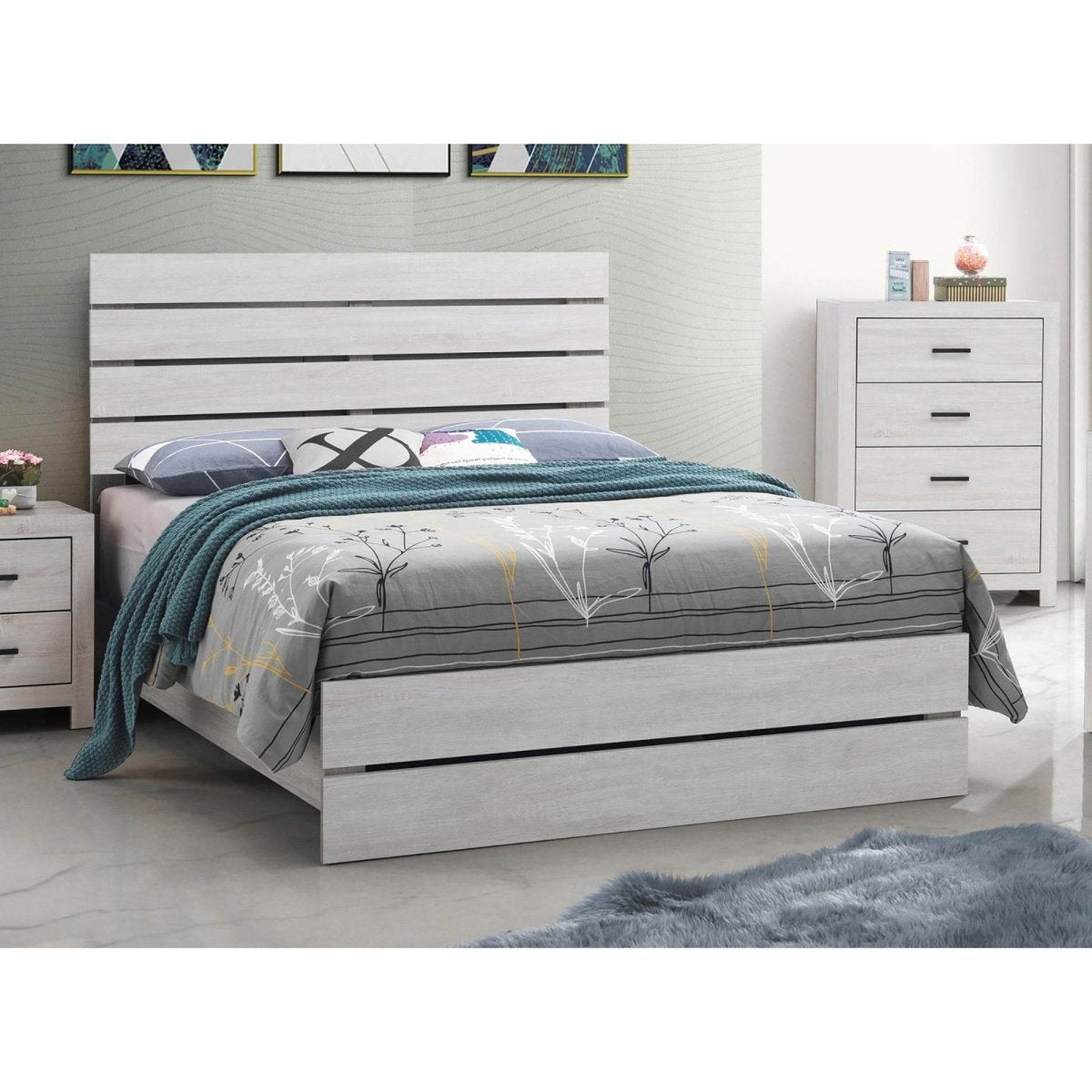 Queen Coastal White Wood Slatted Panel Bed Frame - Driftwood - Omega Lifestyles