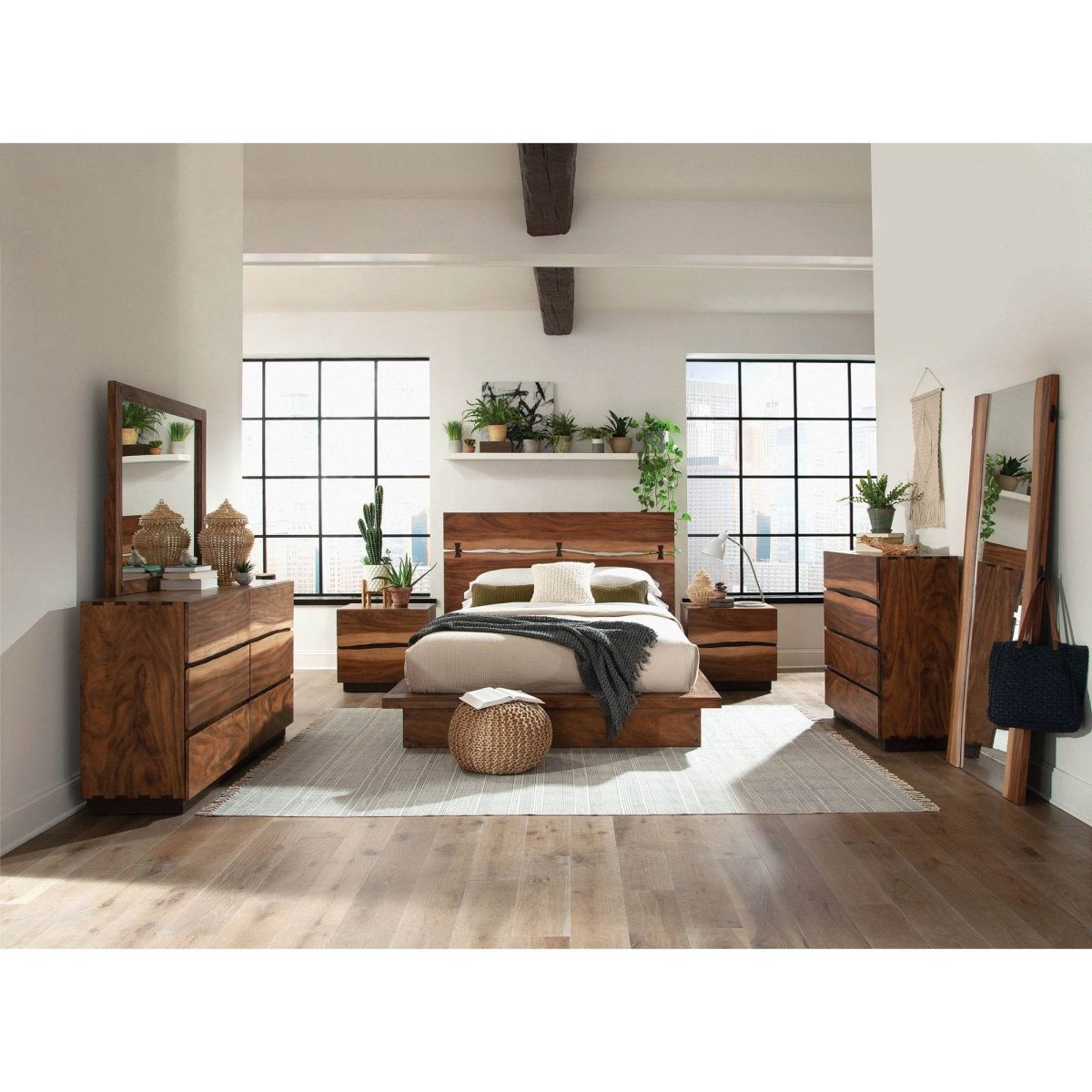 Queen Farmhouse Smokey Walnut Wood Platform Bed - Driftwood - Omega Lifestyles