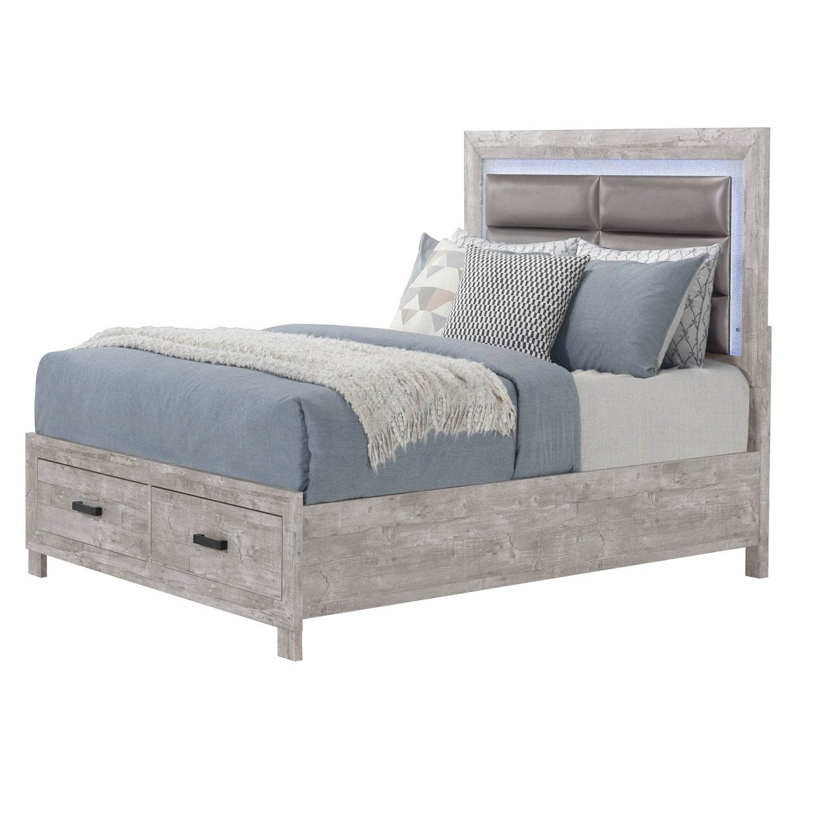 Queen Farmhouse Solid Wood MDF Storage Bed Frame - Driftwood - Omega Lifestyles