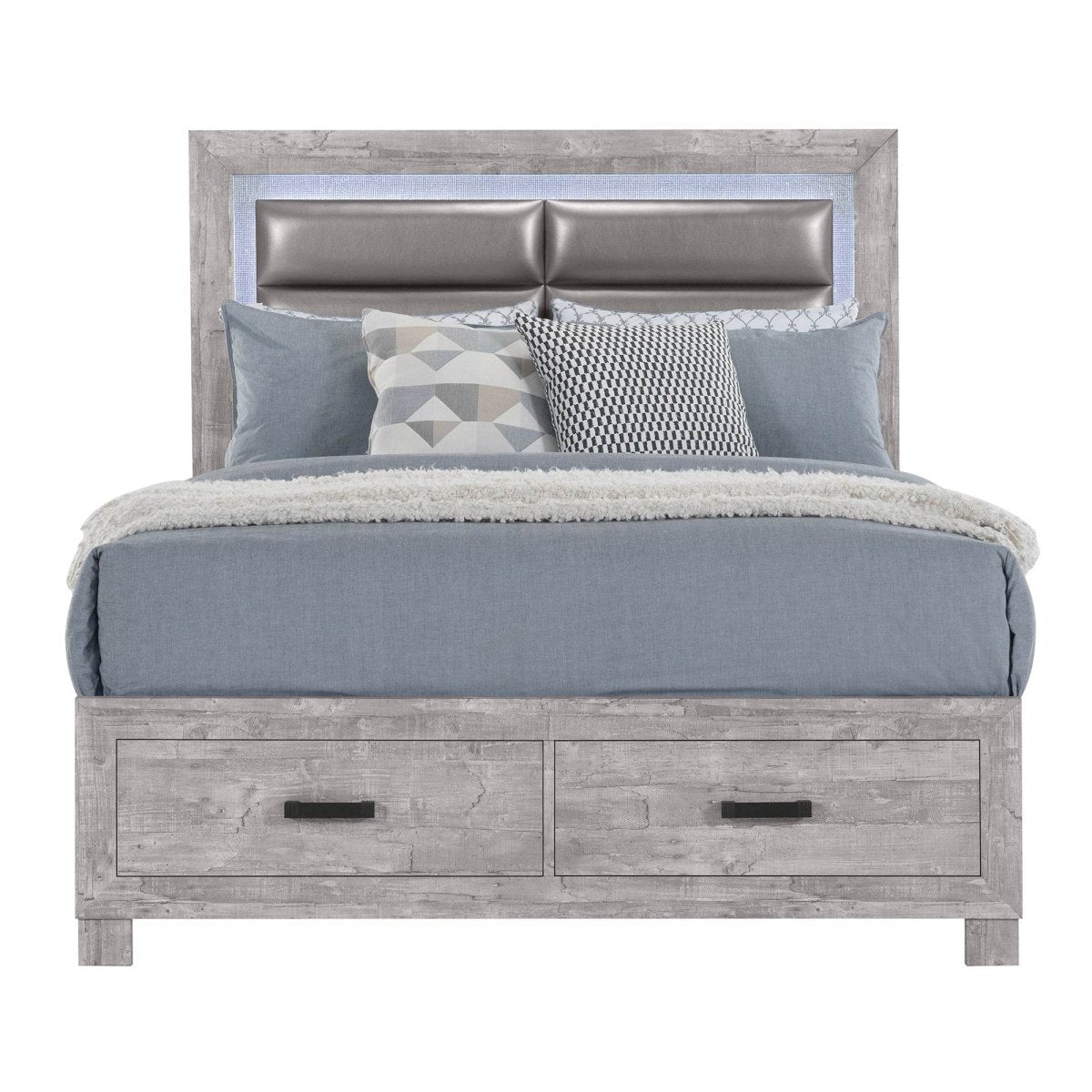 Queen Farmhouse Solid Wood MDF Storage Bed Frame - Driftwood - Omega Lifestyles