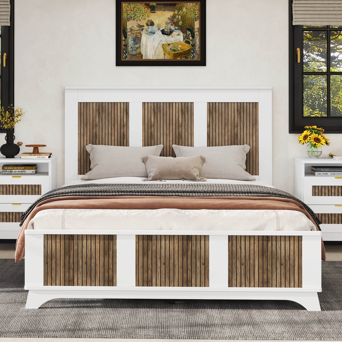 Queen Farmhouse Wooden Platform Bed With Plywood Slats - Driftwood - Omega Lifestyles