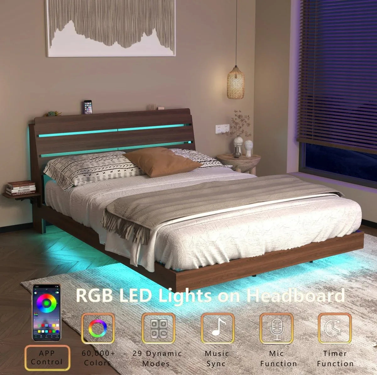Queen Floating Bed Frame With LED Lights Charging Station - Omega Lifestyles