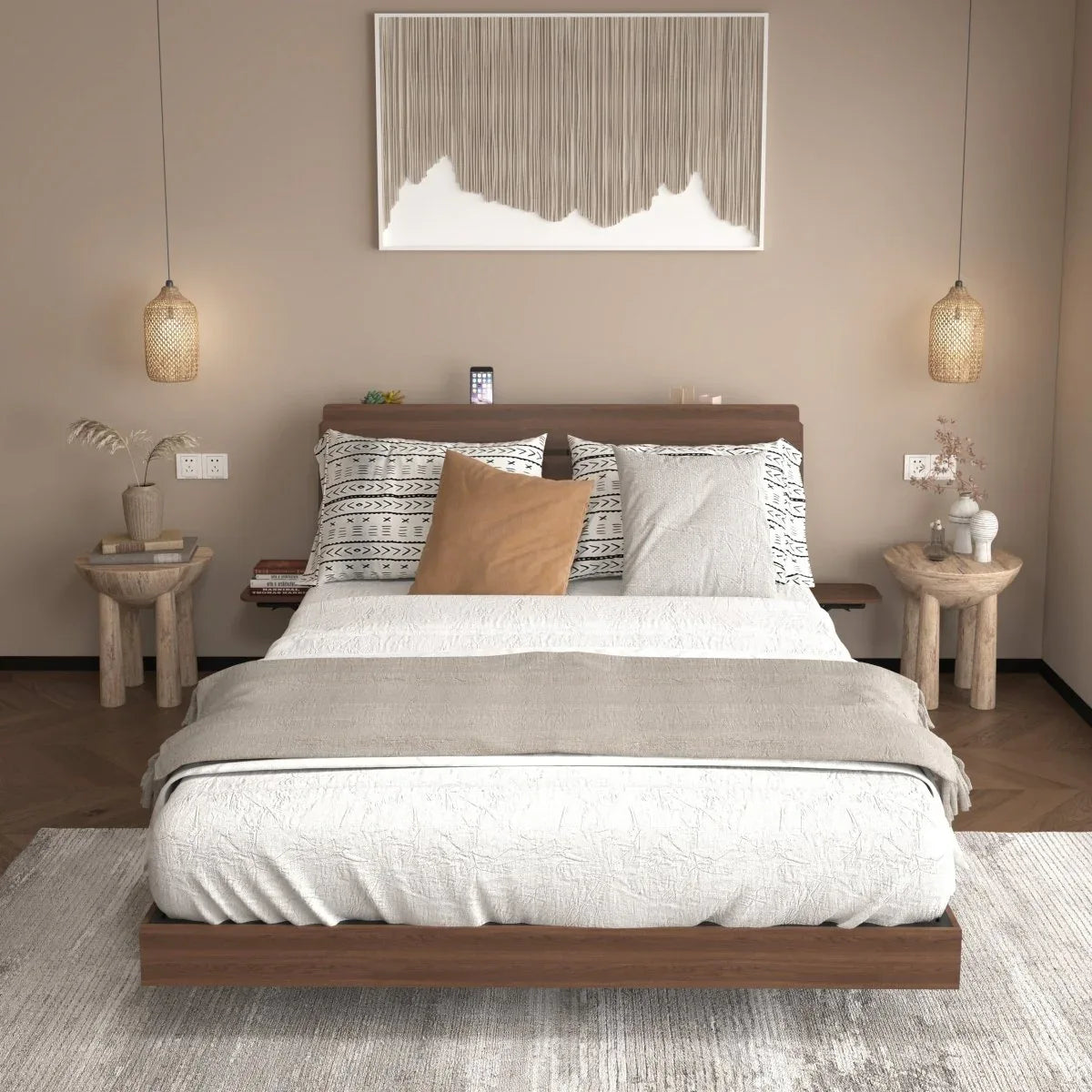 Queen Floating Bed Frame With LED Lights Charging Station - Omega Lifestyles