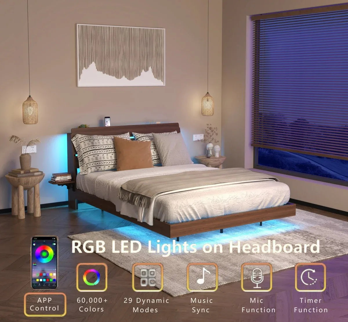 Queen Floating Bed Frame With LED Lights Charging Station - Omega Lifestyles