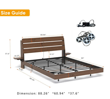 Queen Floating Bed Frame With LED Lights Charging Station - Omega Lifestyles