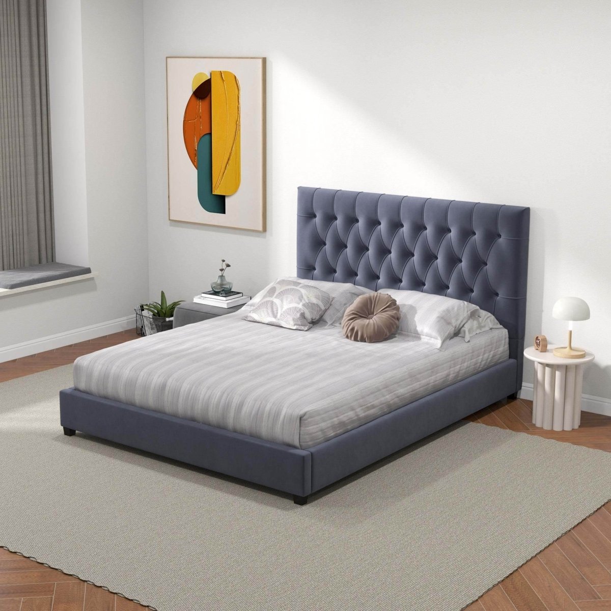 Queen Grey Velvet Mid Century Modern Upholstered Platform Bed - Driftwood - Omega Lifestyles