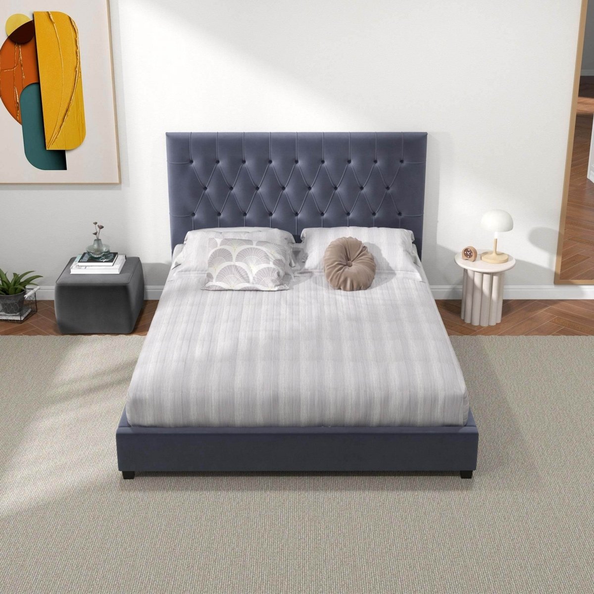 Queen Grey Velvet Mid Century Modern Upholstered Platform Bed - Driftwood - Omega Lifestyles