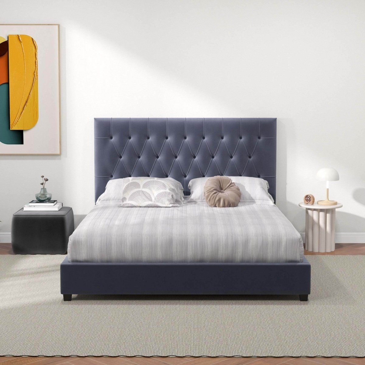 Queen Grey Velvet Mid Century Modern Upholstered Platform Bed - Driftwood - Omega Lifestyles