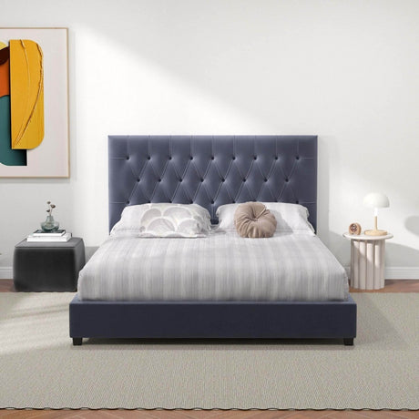 Queen Grey Velvet Mid Century Modern Upholstered Platform Bed - Driftwood - Omega Lifestyles