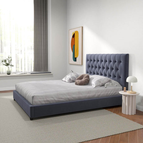 Queen Grey Velvet Mid Century Modern Upholstered Platform Bed - Driftwood - Omega Lifestyles