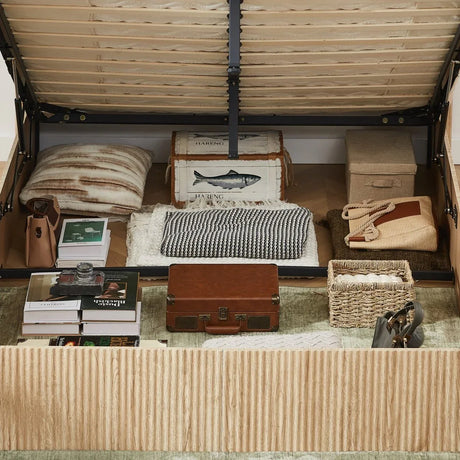 Queen Hydraulic Lift Storage Bed Frame Oak Finish - Omega Lifestyles