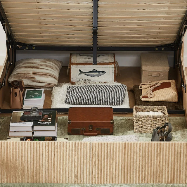 Queen Hydraulic Lift Storage Bed Frame Oak Finish - Omega Lifestyles