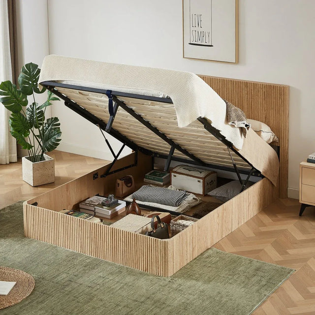 Queen Hydraulic Lift Storage Bed Frame Oak Finish - Omega Lifestyles