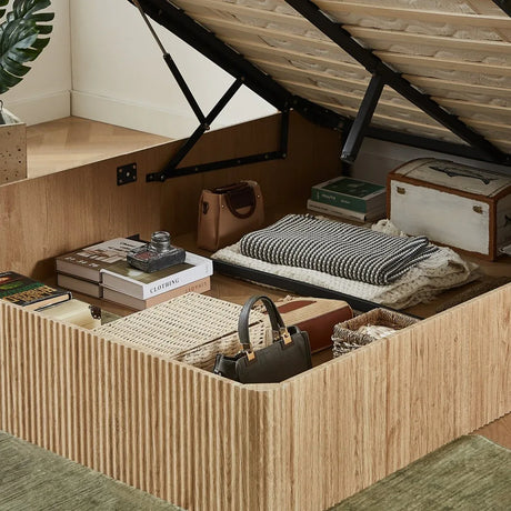 Queen Hydraulic Lift Storage Bed Frame Oak Finish - Omega Lifestyles